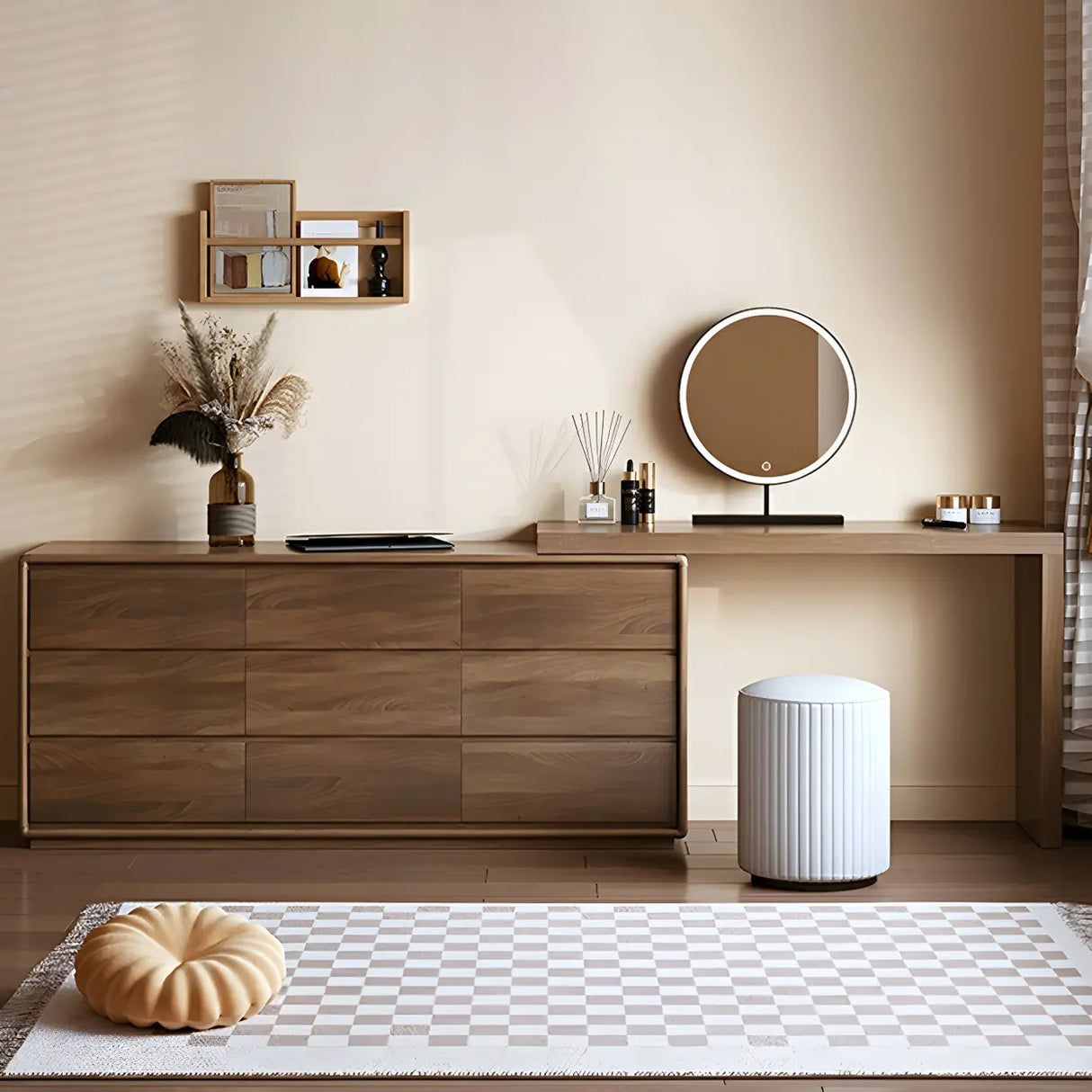 Large Brown Wood Makeup Vanity with Drawers and Seat Image - 8