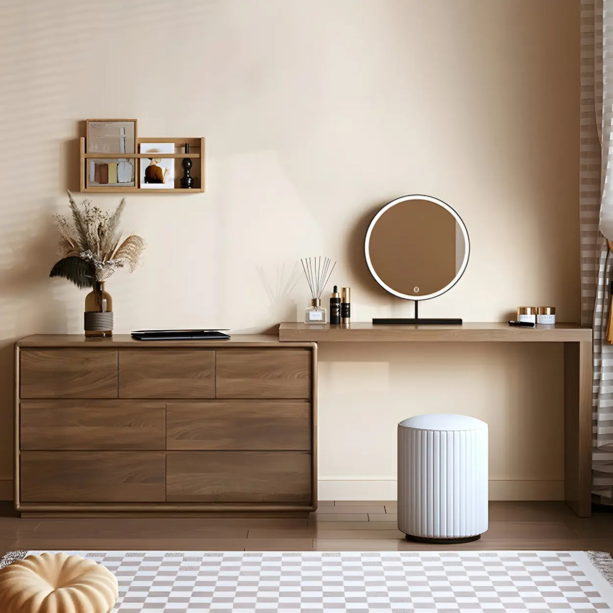 Large Brown Wood Makeup Vanity with Drawers and Seat Image - 9