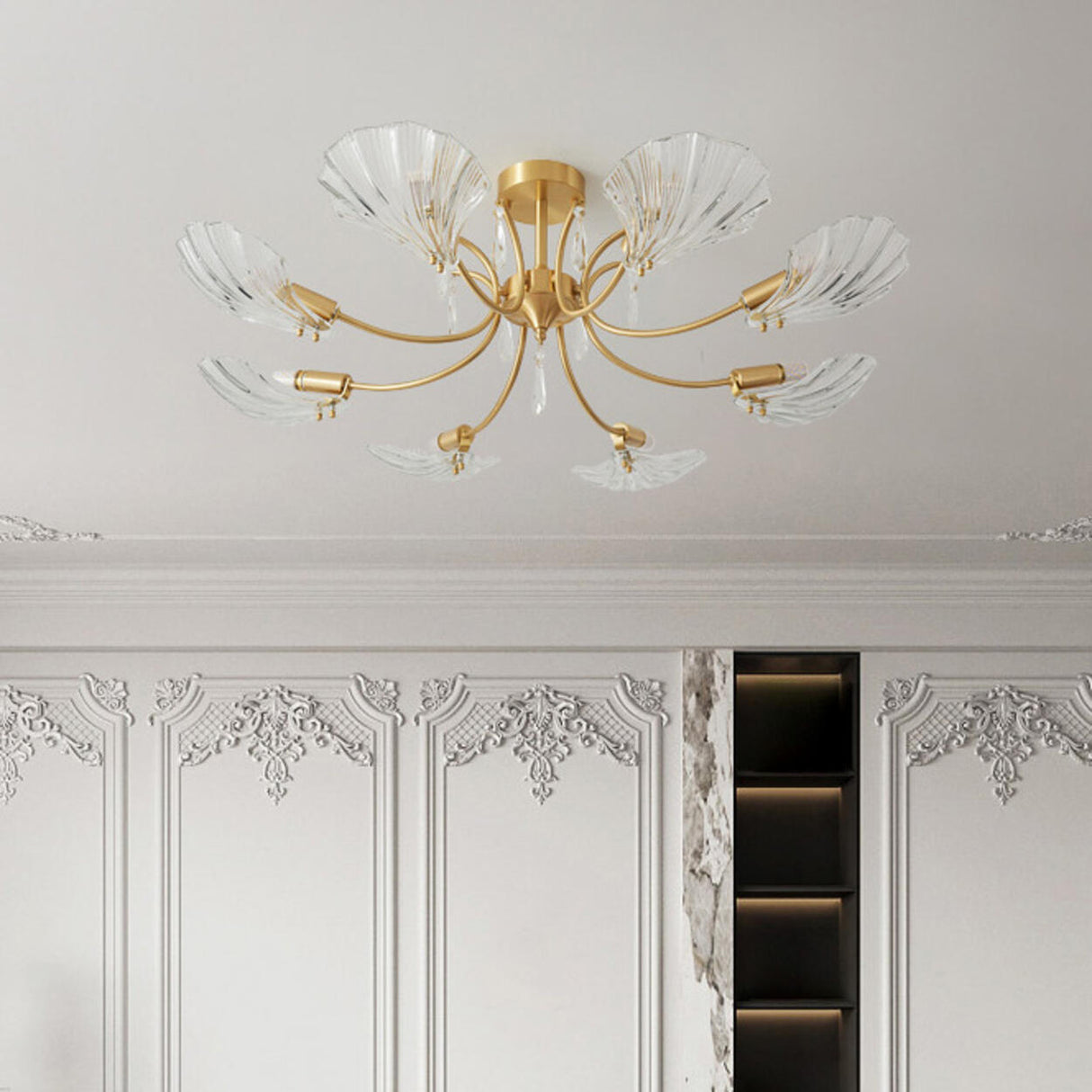 Large Ginkgo Leaf Glass Gold Semi-Flush Mount Light Image - 14