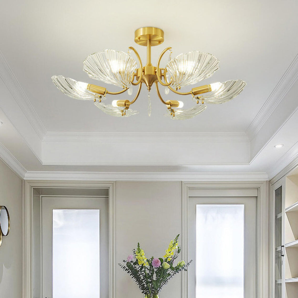 Large Ginkgo Leaf Glass Gold Semi-Flush Mount Light Image - 4