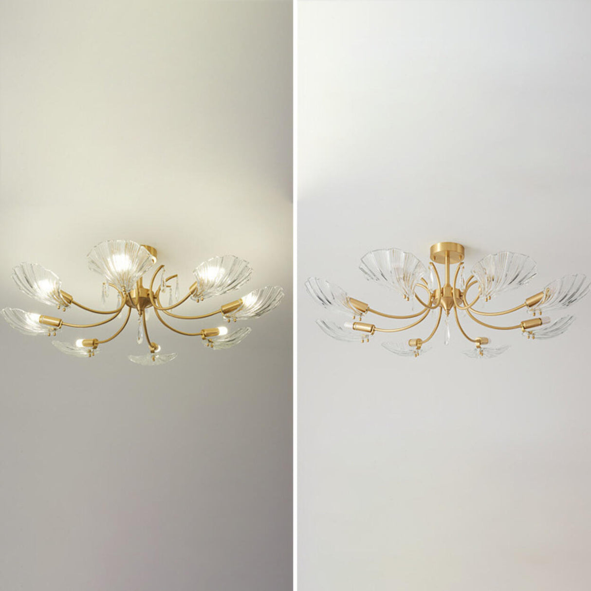 Large Ginkgo Leaf Glass Gold Semi-Flush Mount Light Image - 9