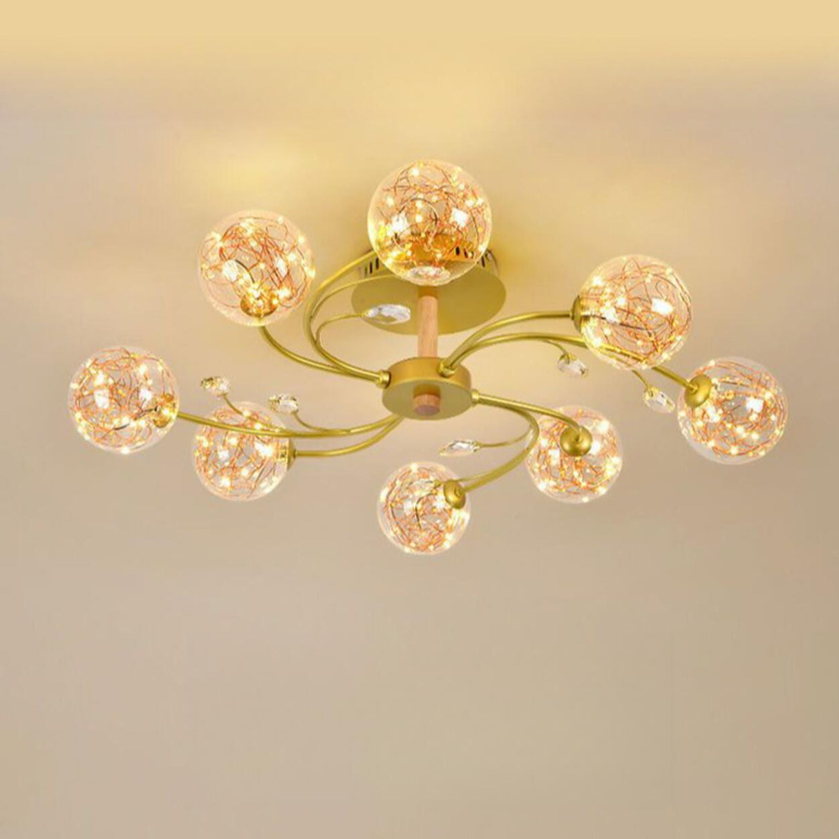 Large Gold Glass Globe Semi-Flush Mount Light 8-Light Image - 10