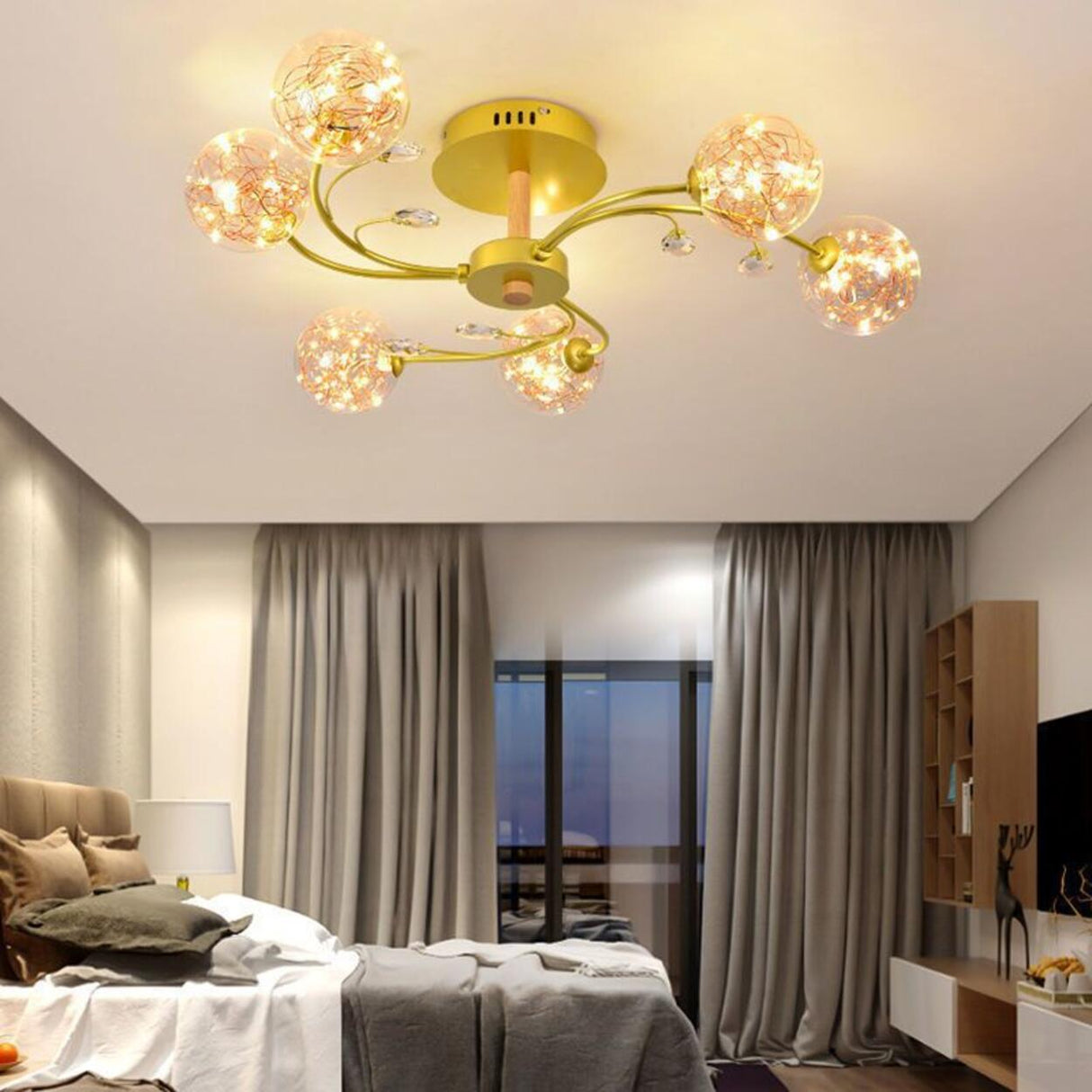 Large Gold Glass Globe Semi-Flush Mount Light 8-Light Image - 2