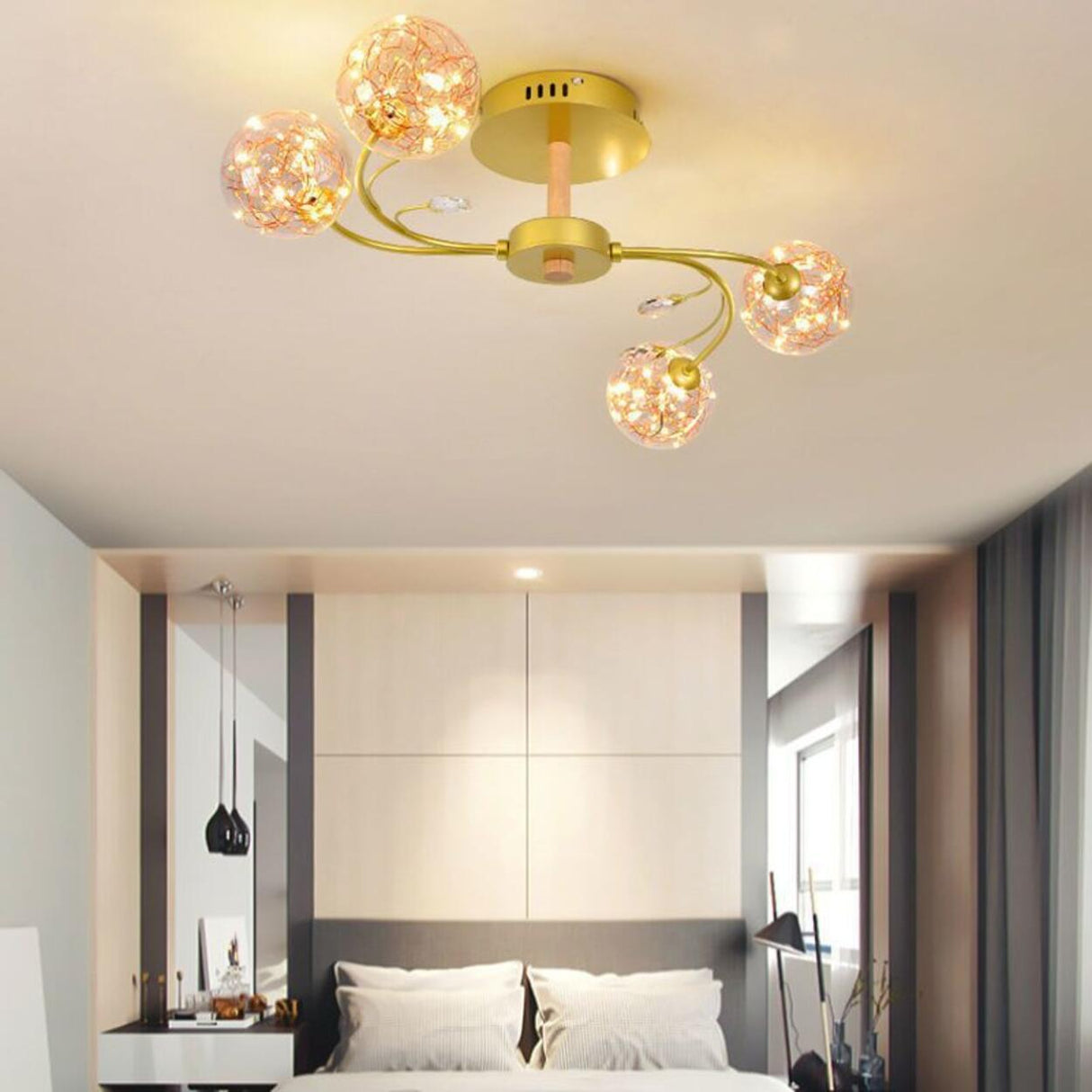 Large Gold Glass Globe Semi-Flush Mount Light 8-Light Image - 3