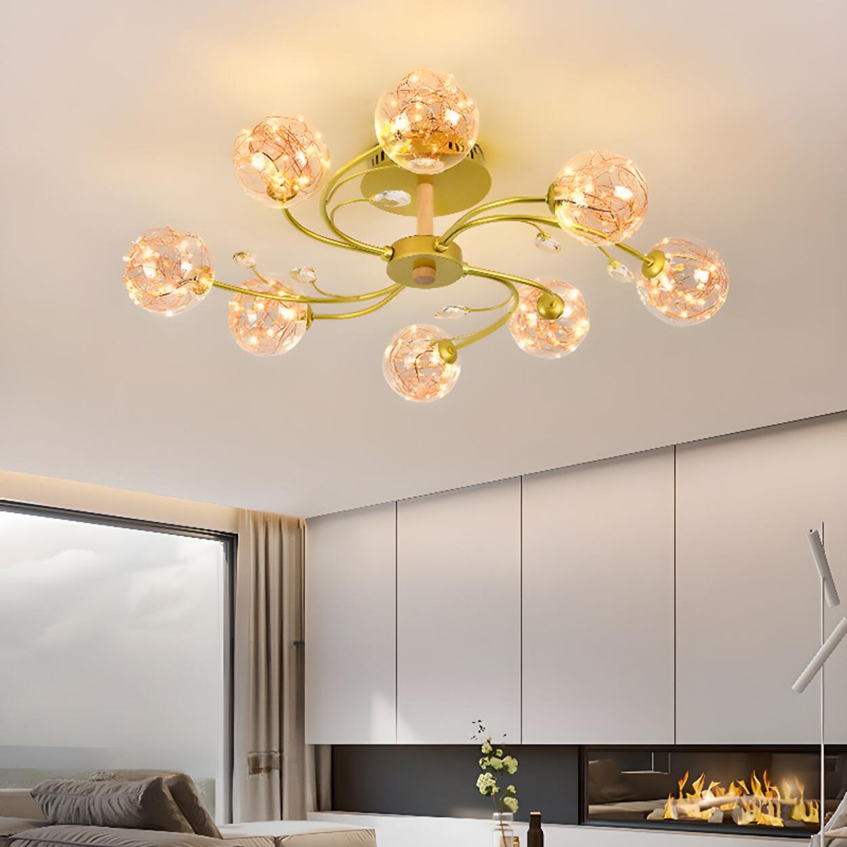 Large Gold Glass Globe Semi-Flush Mount Light 8-Light Image - 4