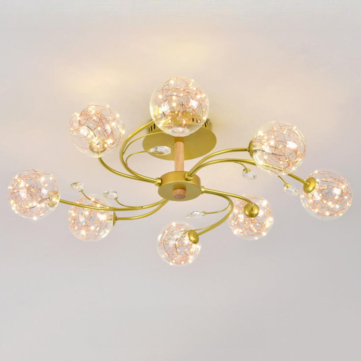 Large Gold Glass Globe Semi-Flush Mount Light 8-Light Image - 8