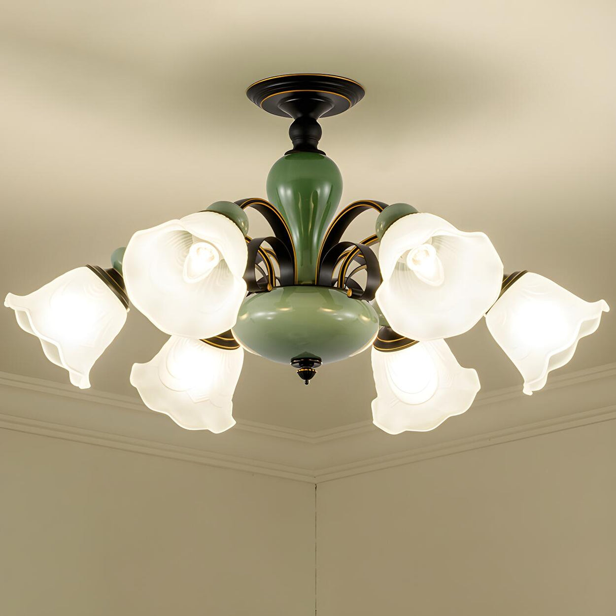 Large Green Floral Glass Semi-Flush Mount Lamp 10-Light Image - 6