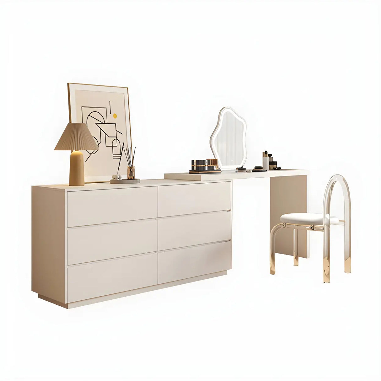 Large Off-White Wood Makeup Vanity with Drawers Image - 14