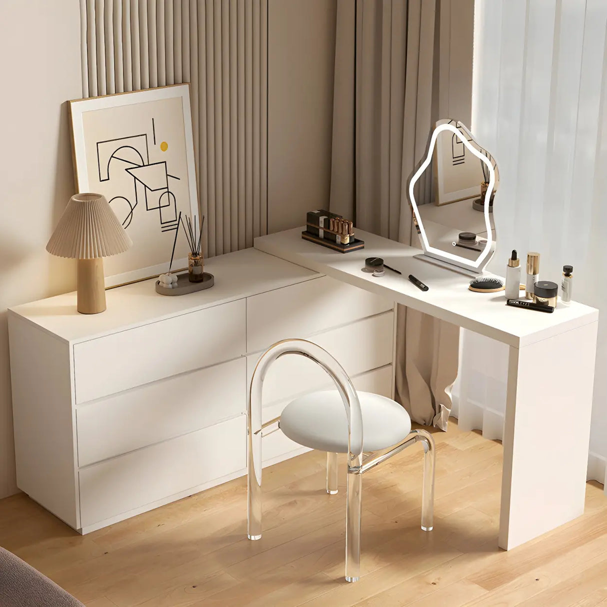 Large Off-White Wood Makeup Vanity with Drawers Image - 15