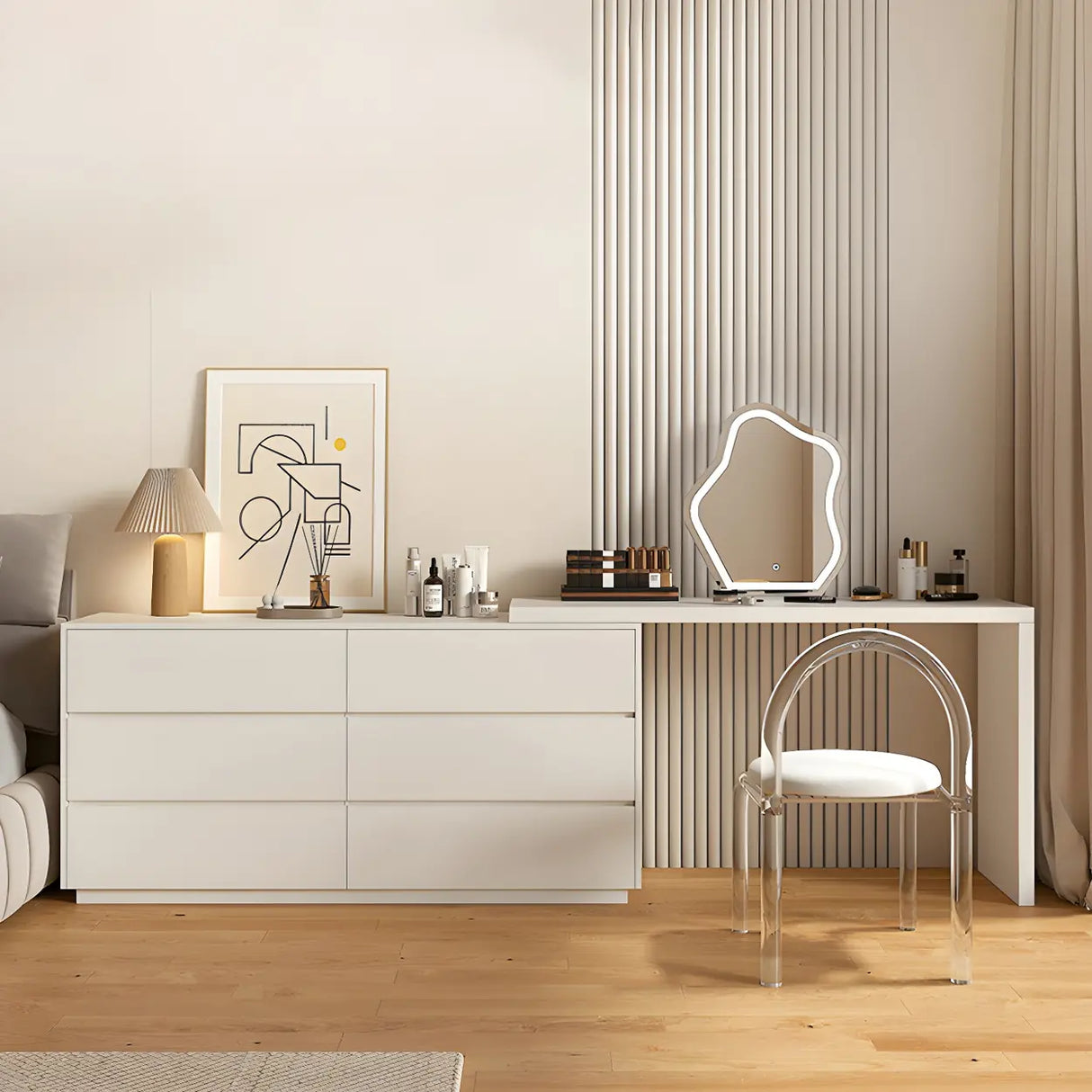 Large Off-White Wood Makeup Vanity with Drawers Image - 8