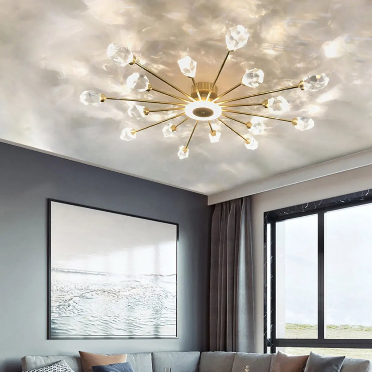 Large Starburst Crystal Semi-Flush Mount Light 17-Light Image - 4