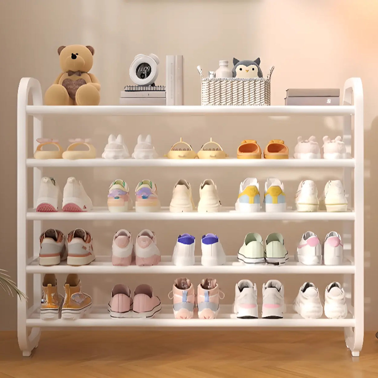 Large Trendy Metal Hallway White Open Storage Shoe Rack Image - 10