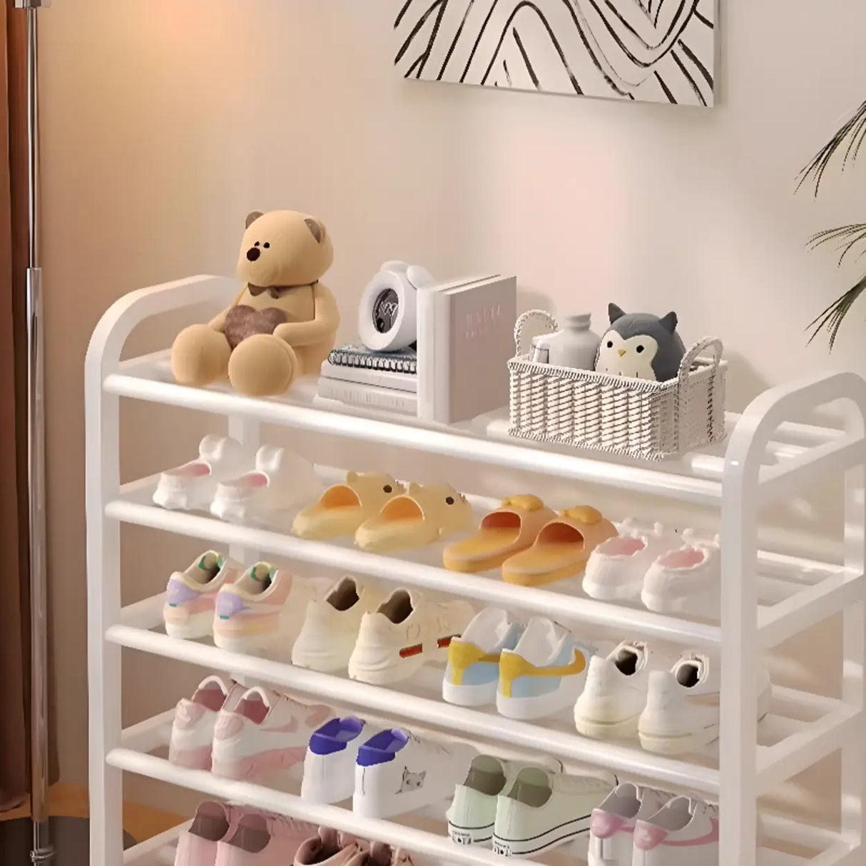 Large Trendy Metal Hallway White Open Storage Shoe Rack Image - 12