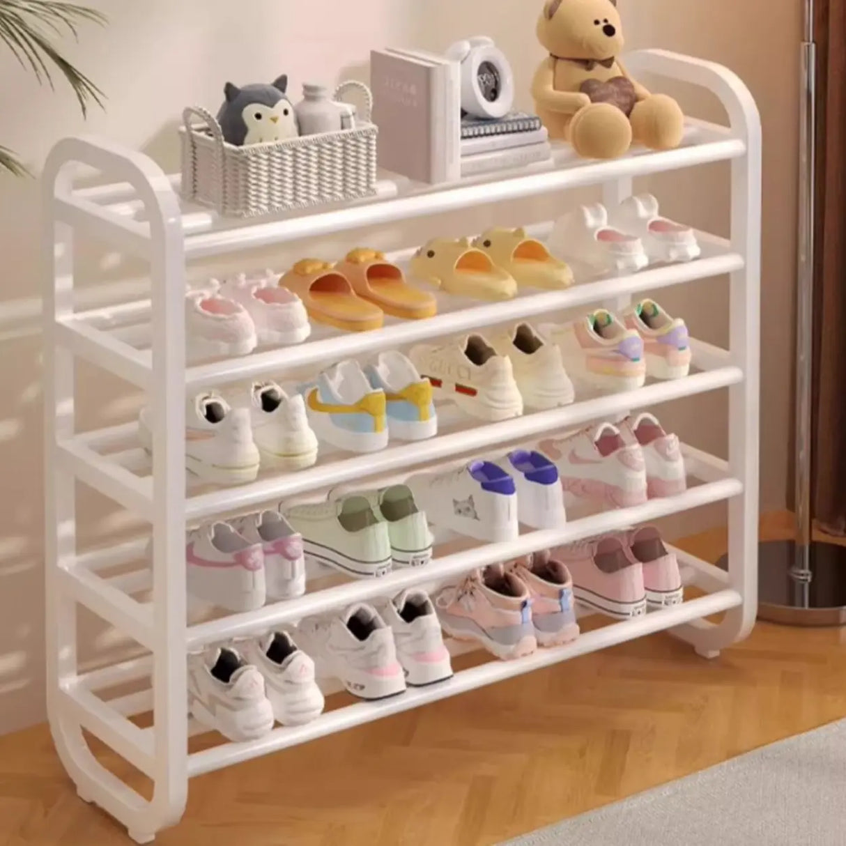 Large Trendy Metal Hallway White Open Storage Shoe Rack Image - 13