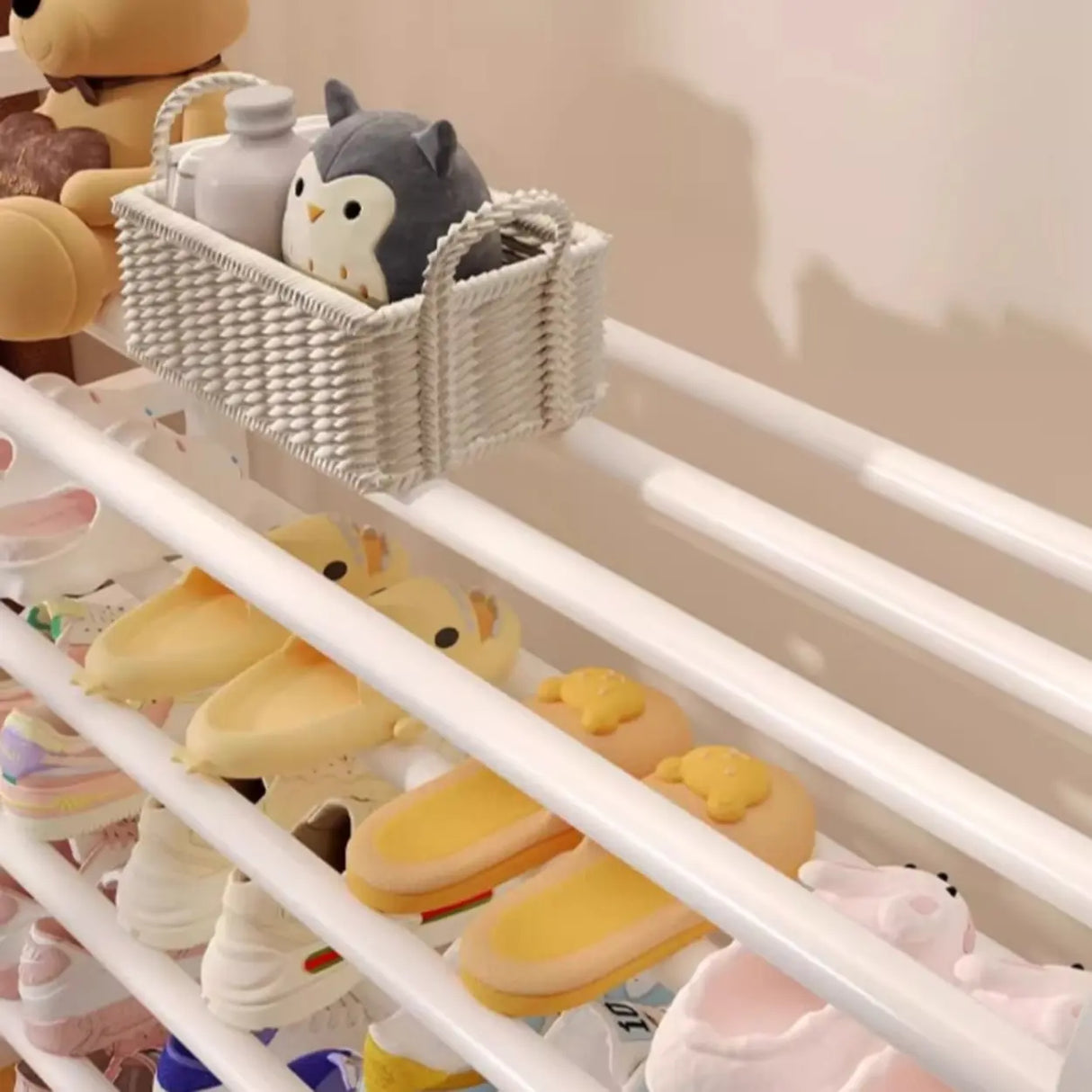 Large Trendy Metal Hallway White Open Storage Shoe Rack Image - 16