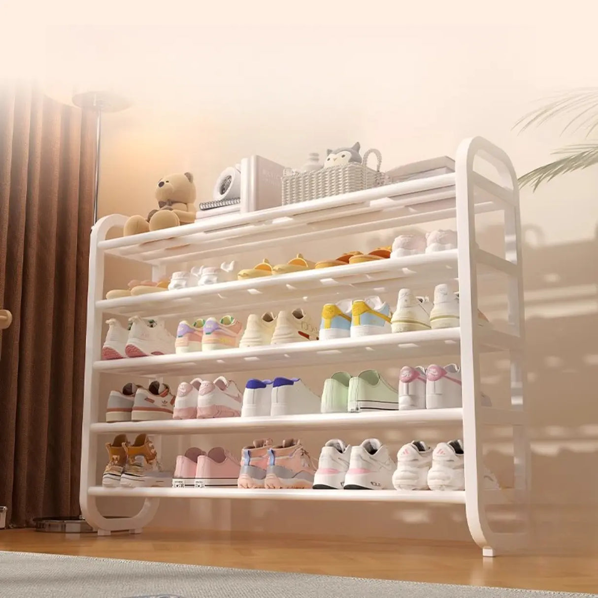 Large Trendy Metal Hallway White Open Storage Shoe Rack Image - 4