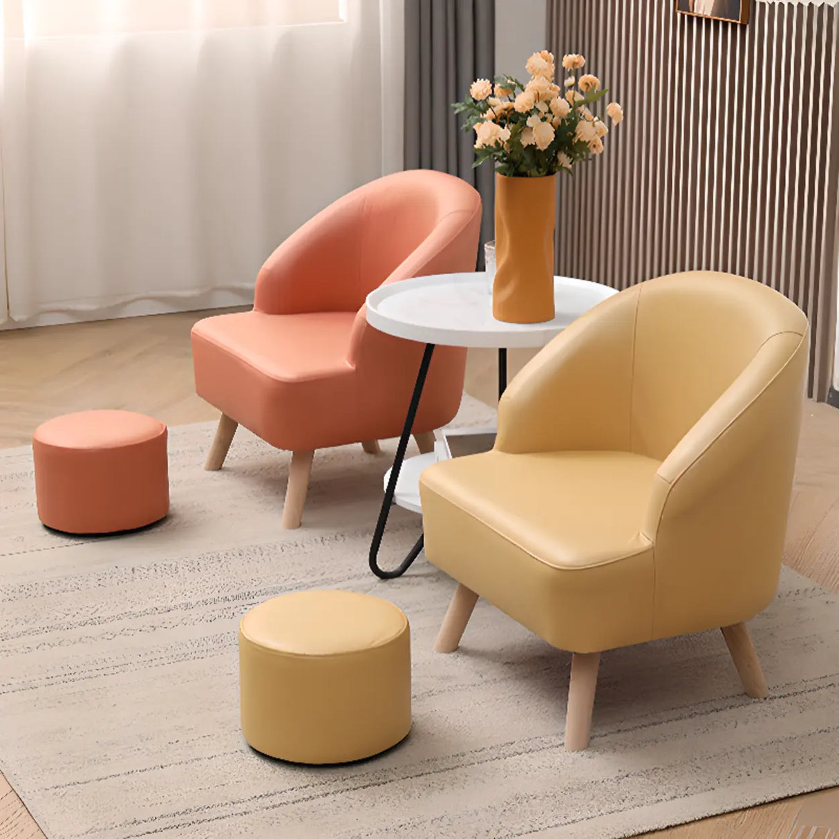 Leather Curved Back Accent Chair with Natural Four Legs Image - 1