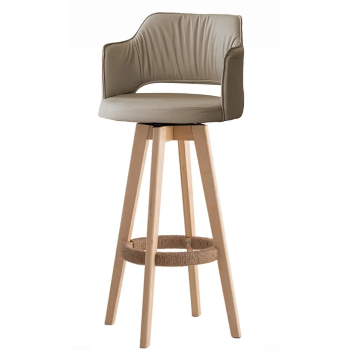 Gray leather swivel bar stool with arms, natural wood legs and circular rope footrest