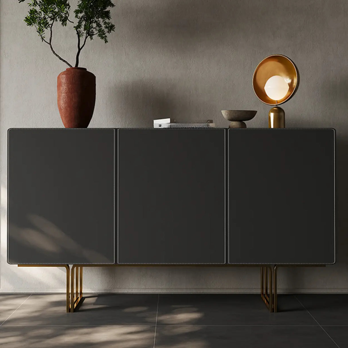 Leather Top Rectangular Metal Black Storage Console Table Image - 1