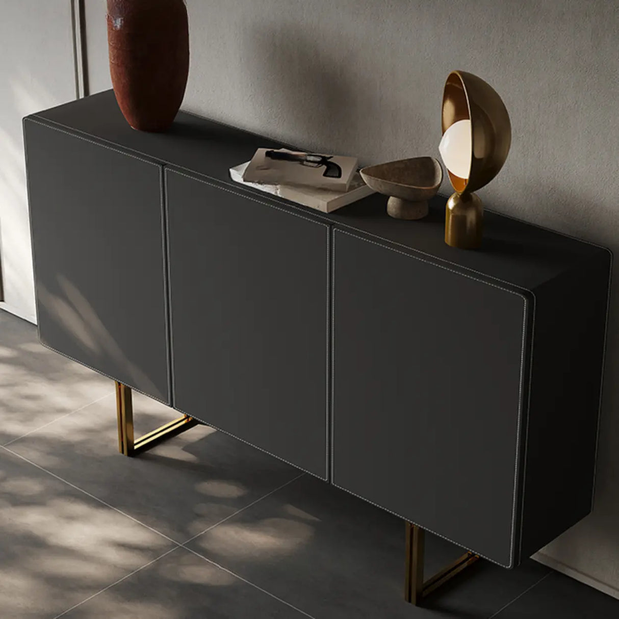 Leather Top Rectangular Metal Black Storage Console Table Image - 3