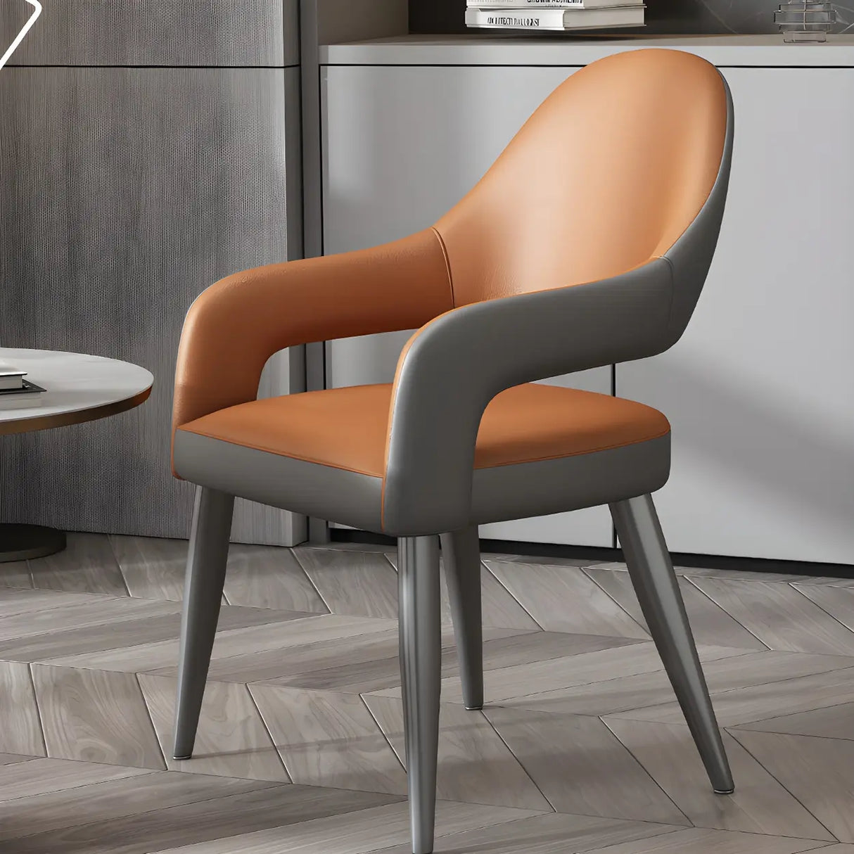 Leather Upholstered Open Back Arm Chair with Gray Legs Image - 17