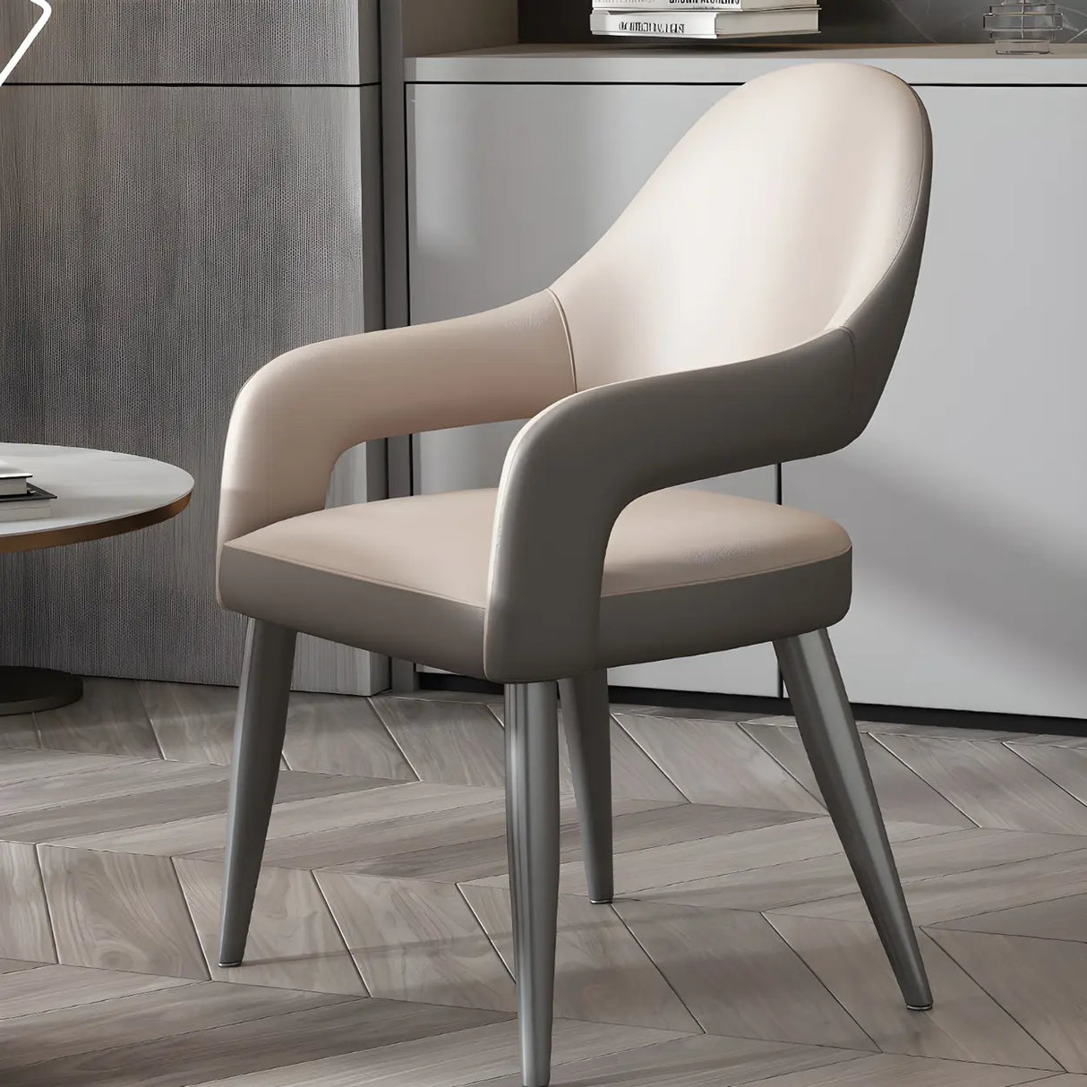 Leather Upholstered Open Back Arm Chair with Gray Legs Image - 2