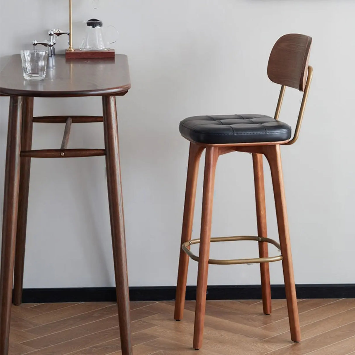 Leather Upholstered Tufted Wood Bar Stool with Metal Footrest Image - 1