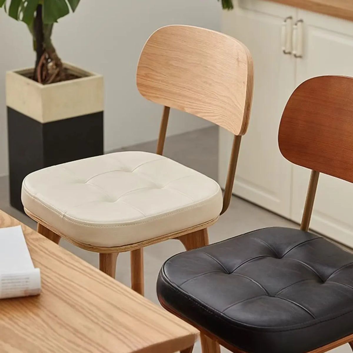 Leather Upholstered Tufted Wood Bar Stool with Metal Footrest Image - 17