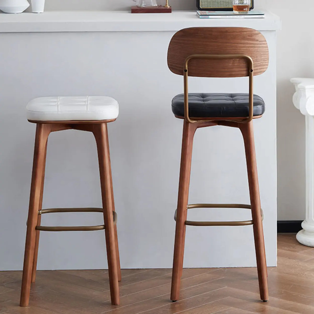 Leather Upholstered Tufted Wood Bar Stool with Metal Footrest Image - 1