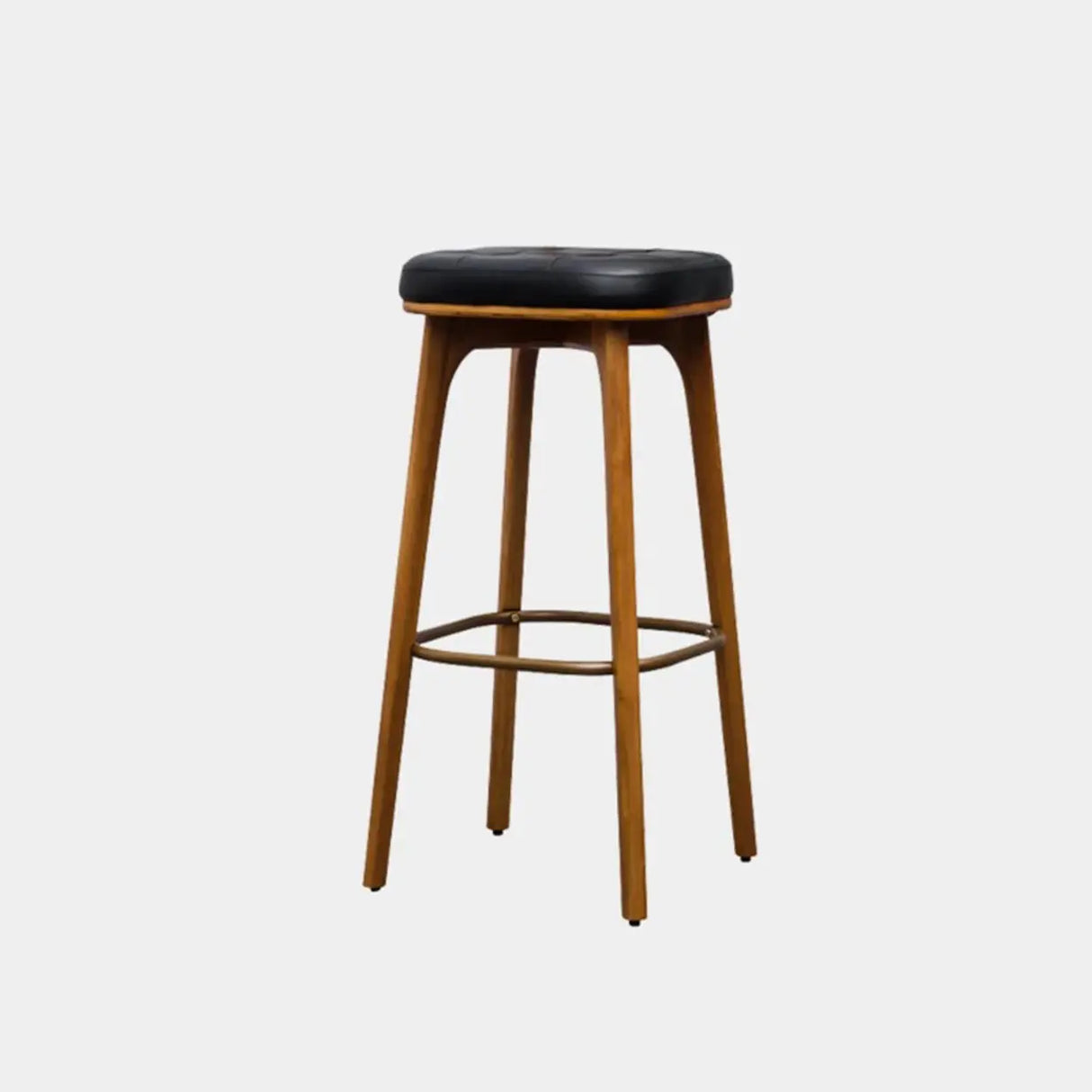 Leather Upholstered Tufted Wood Bar Stool with Metal Footrest Image - 4
