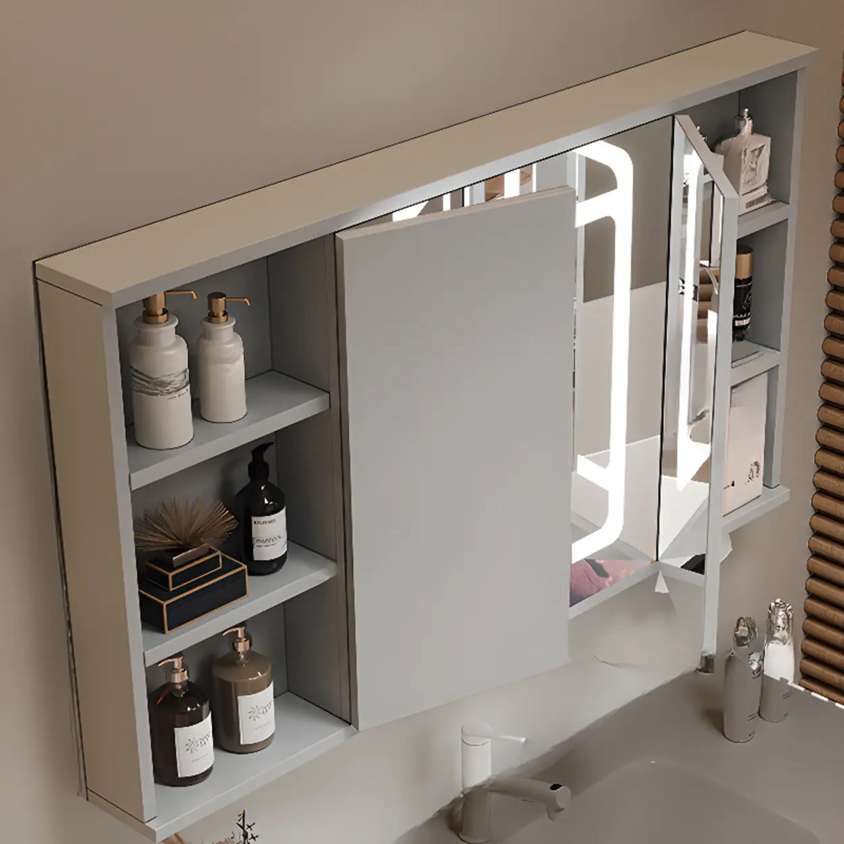 LED Mirror Rectangular Gray Wood Medicine Storage Cabinet Image - 3