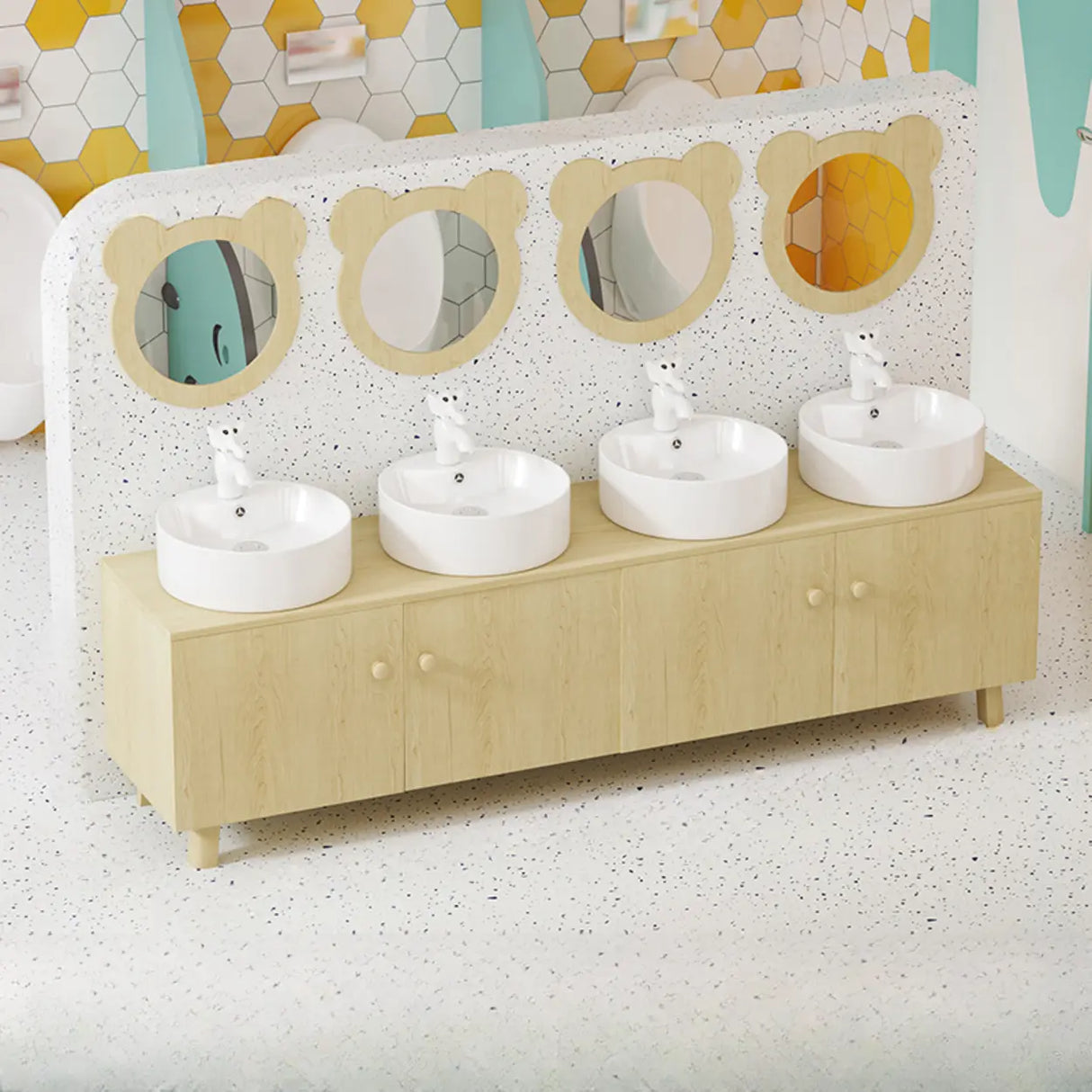 Lemon Bear Shape Wood Triple Bathroom Vanity with Cabinet Image - 13