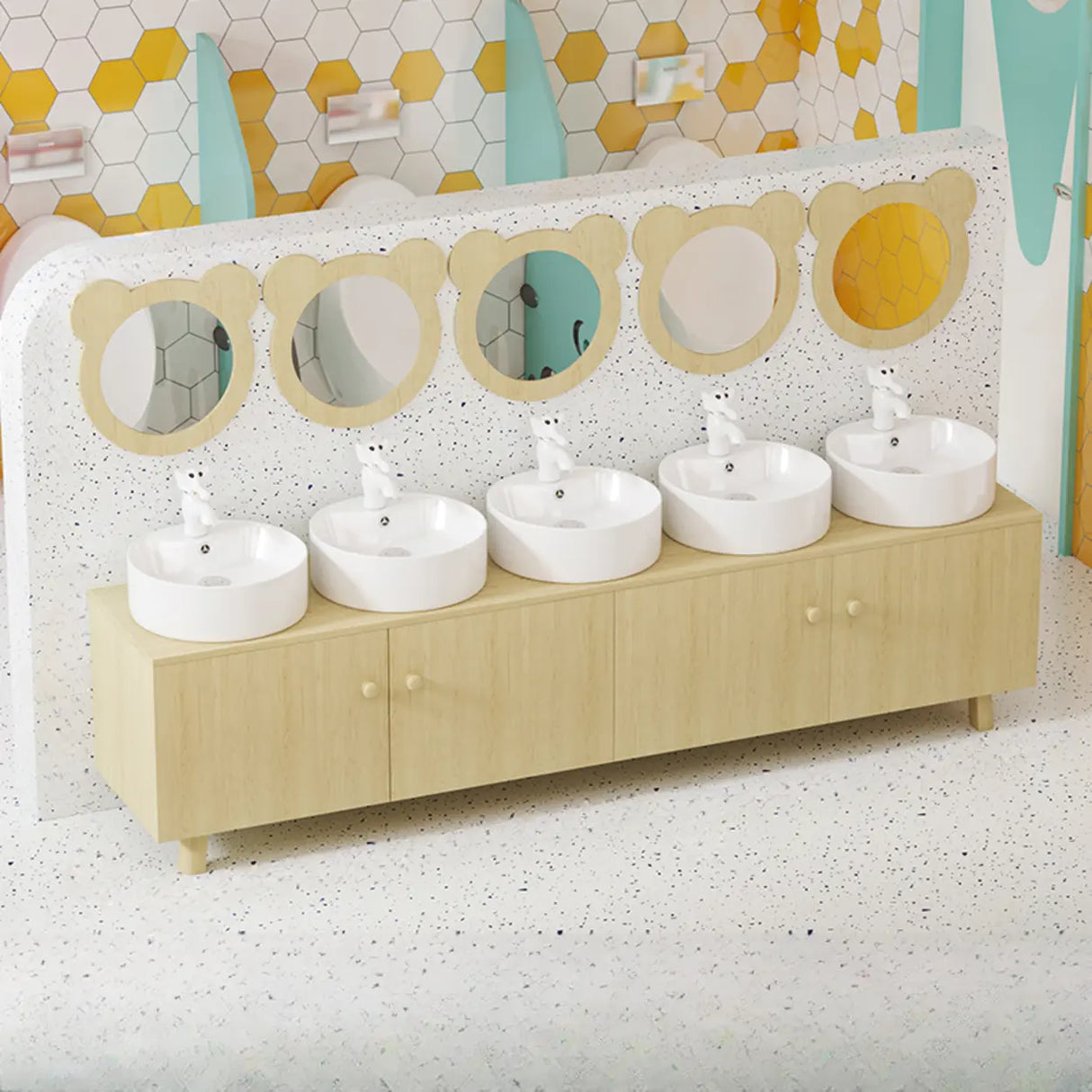 Lemon Bear Shape Wood Triple Bathroom Vanity with Cabinet Image - 14