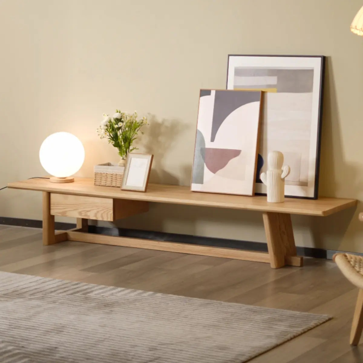 Light Ash Wood Open Shelving TV Stand with Drawers Image - 1