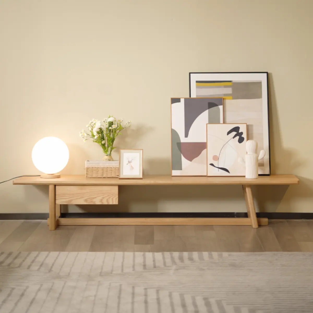 Light Ash Wood Open Shelving TV Stand with Drawers Image - 2