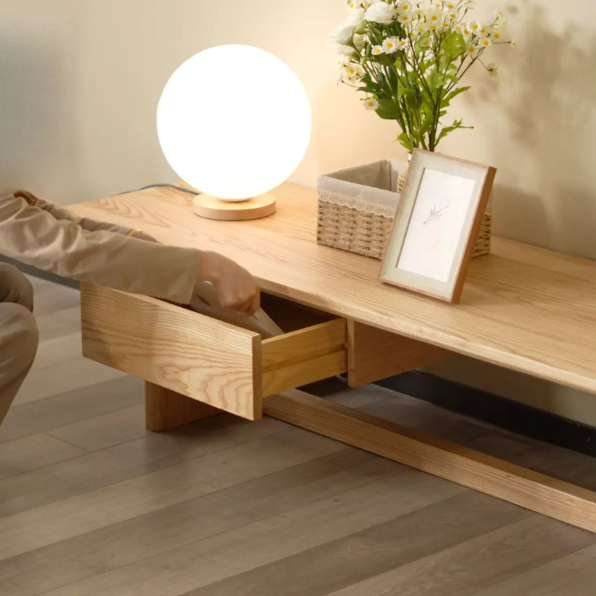 Light Ash Wood Open Shelving TV Stand with Drawers Image - 4