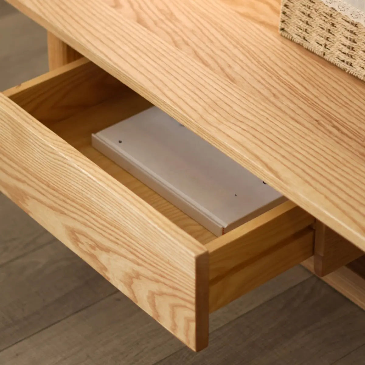 Light Ash Wood Open Shelving TV Stand with Drawers Image - 5