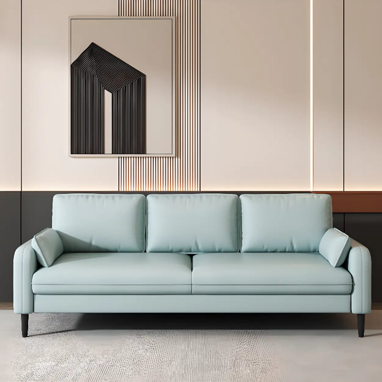 Light Blue Microfiber Leather Square Arm 3-Seat Sofa Image - 1