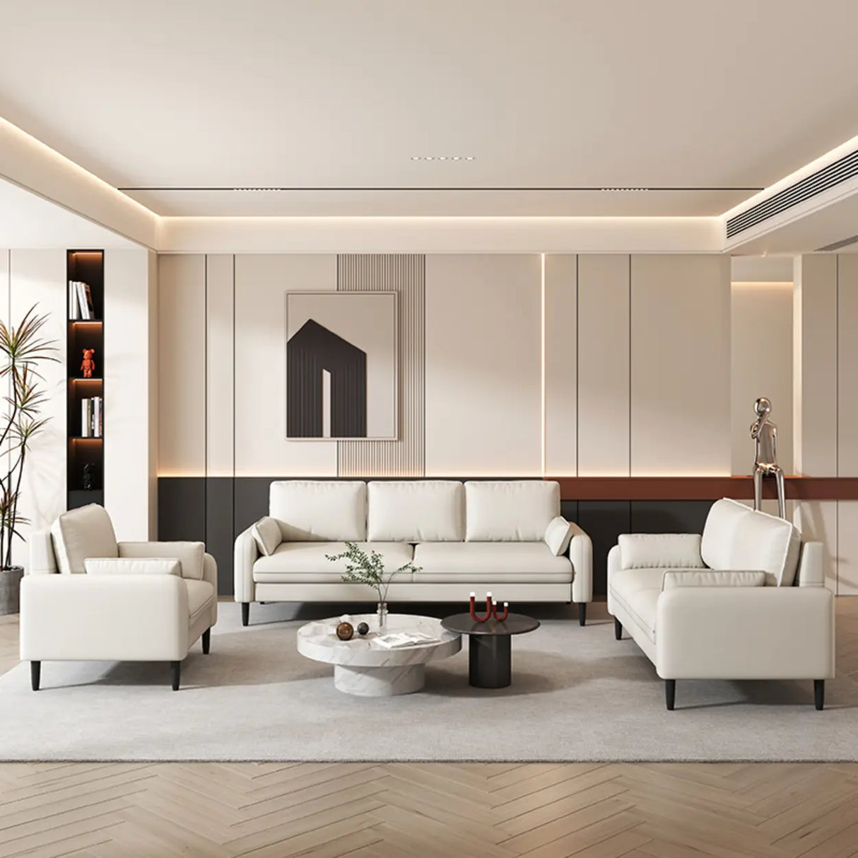 Light Blue Microfiber Leather Square Arm 3-Seat Sofa Image - 3