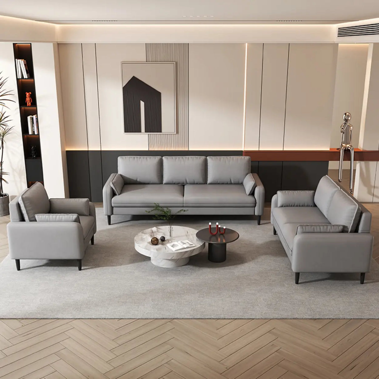 Light Blue Microfiber Leather Square Arm 3-Seat Sofa Image - 5