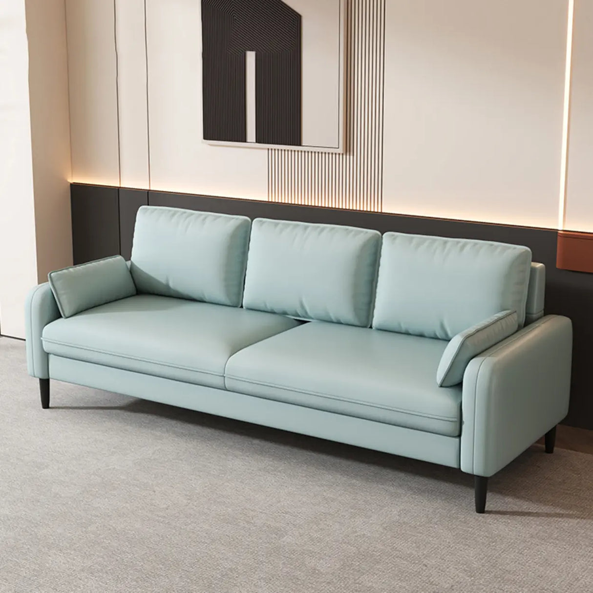 Light Blue Microfiber Leather Square Arm 3-Seat Sofa Image - 6