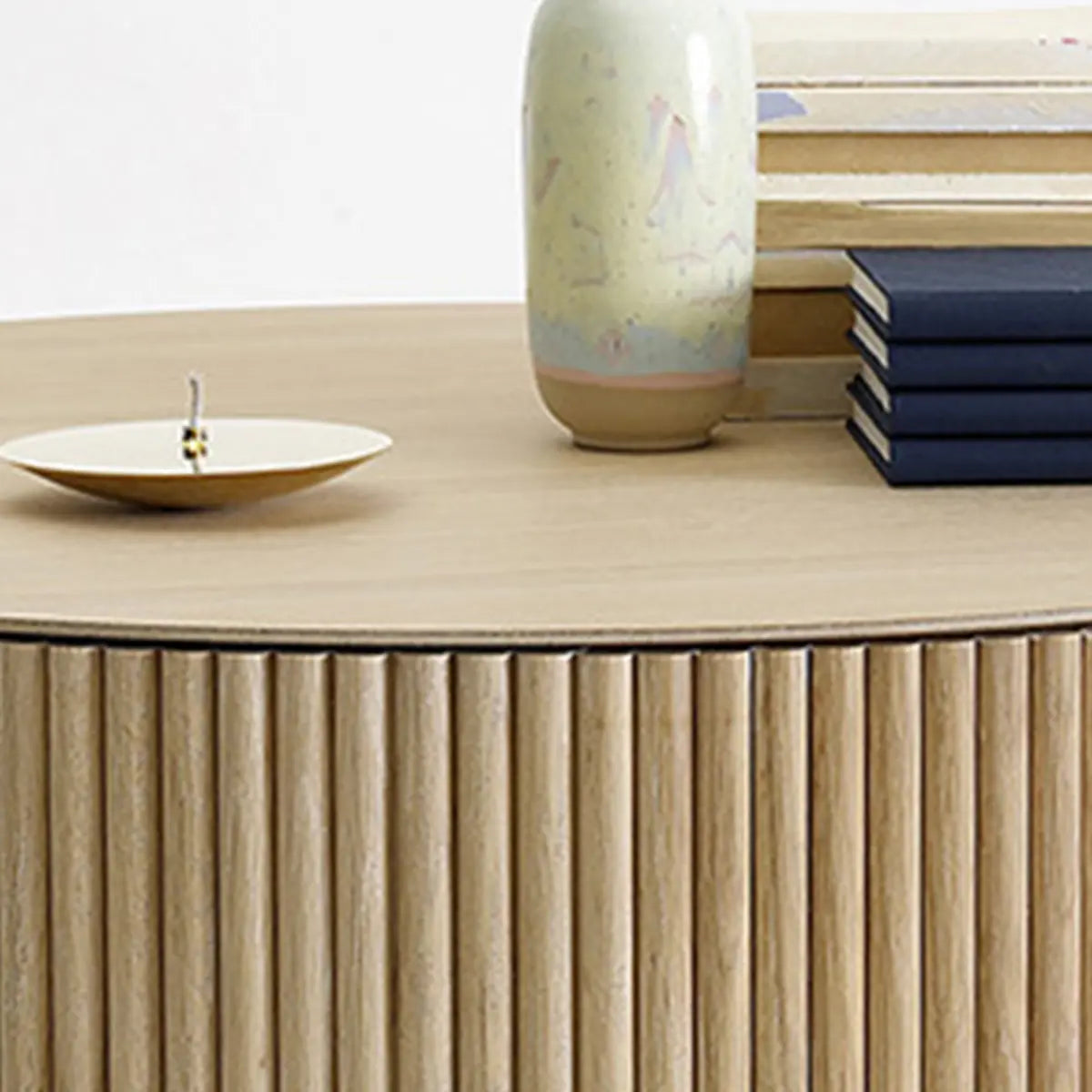 Light Brown Pine Wood Drum Base Round Coffee Table Image - 12