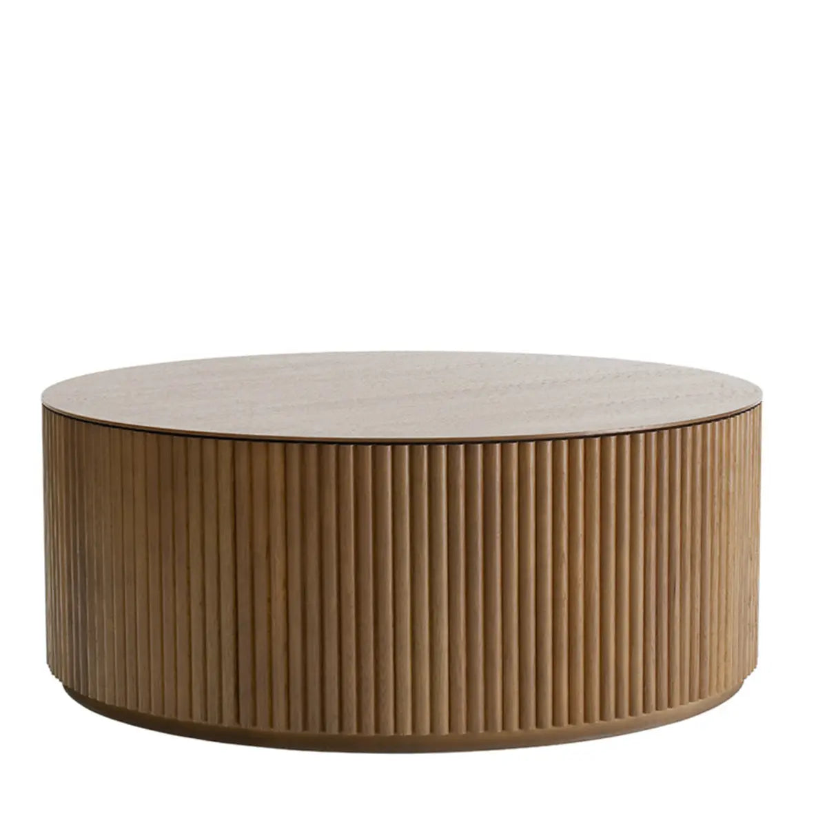 Light Brown Pine Wood Drum Base Round Coffee Table Image - 15