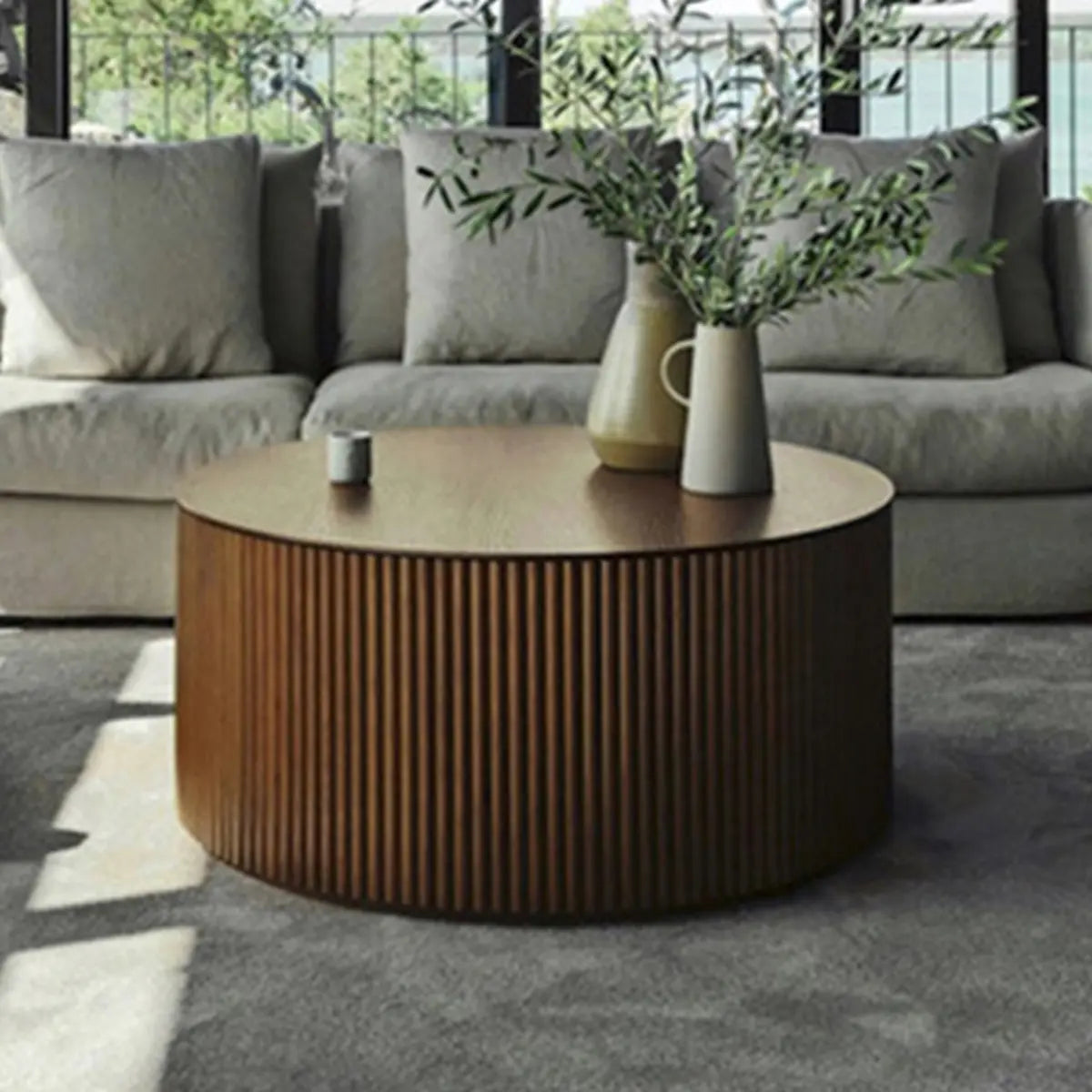 Light Brown Pine Wood Drum Base Round Coffee Table Image - 4