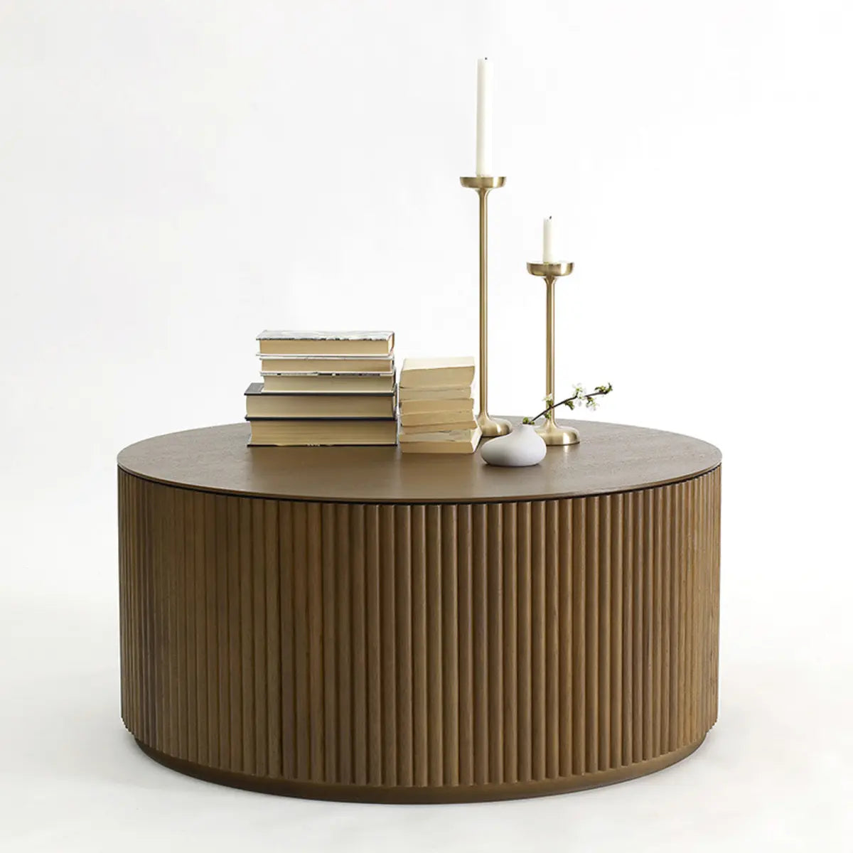 Light Brown Pine Wood Drum Base Round Coffee Table Image - 7