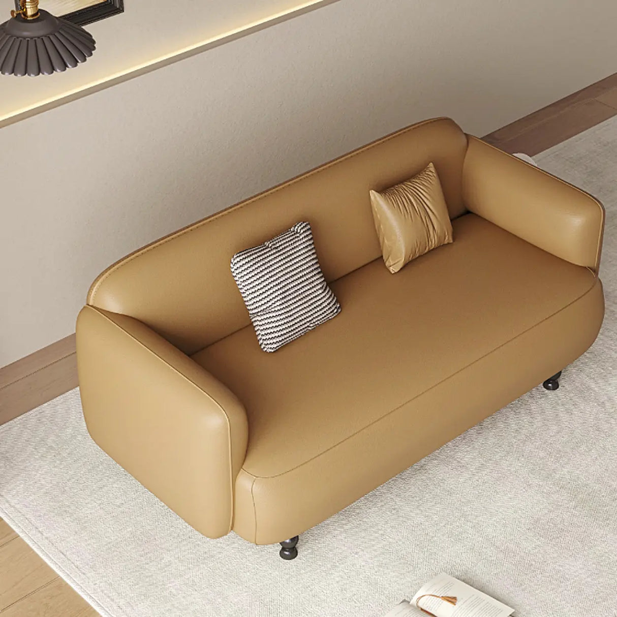 Light Brown Water Resistant Faux Leather Wood Leg Sofa Image - 2