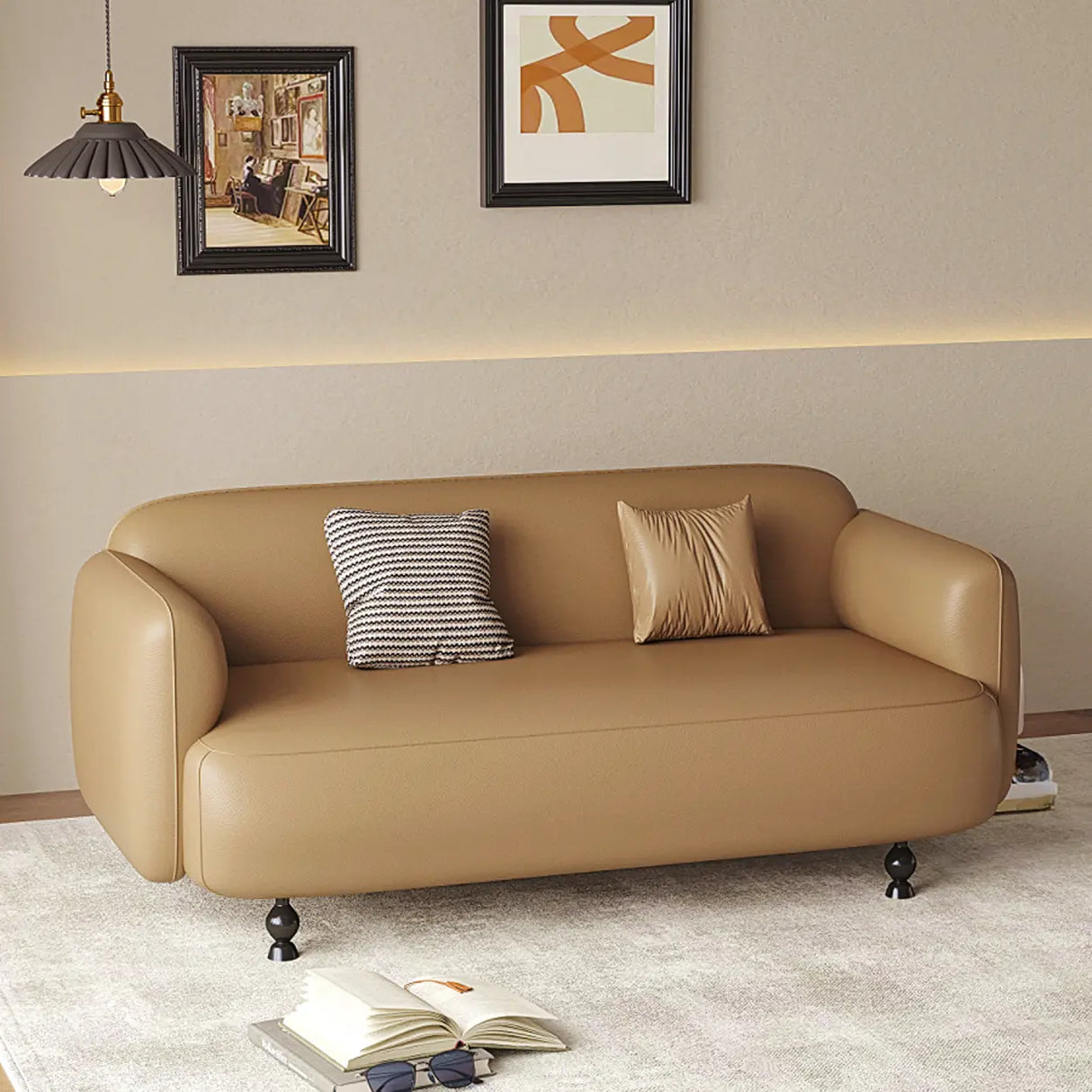 Light Brown Water Resistant Faux Leather Wood Leg Sofa Image - 3