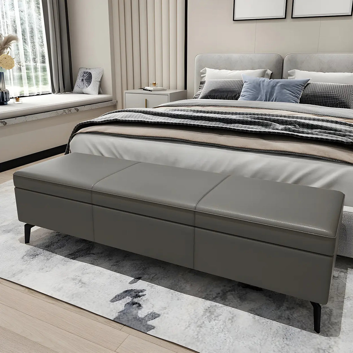 Light Gray Faux Leather Flip Top Storage Bedroom Bench Image - 11