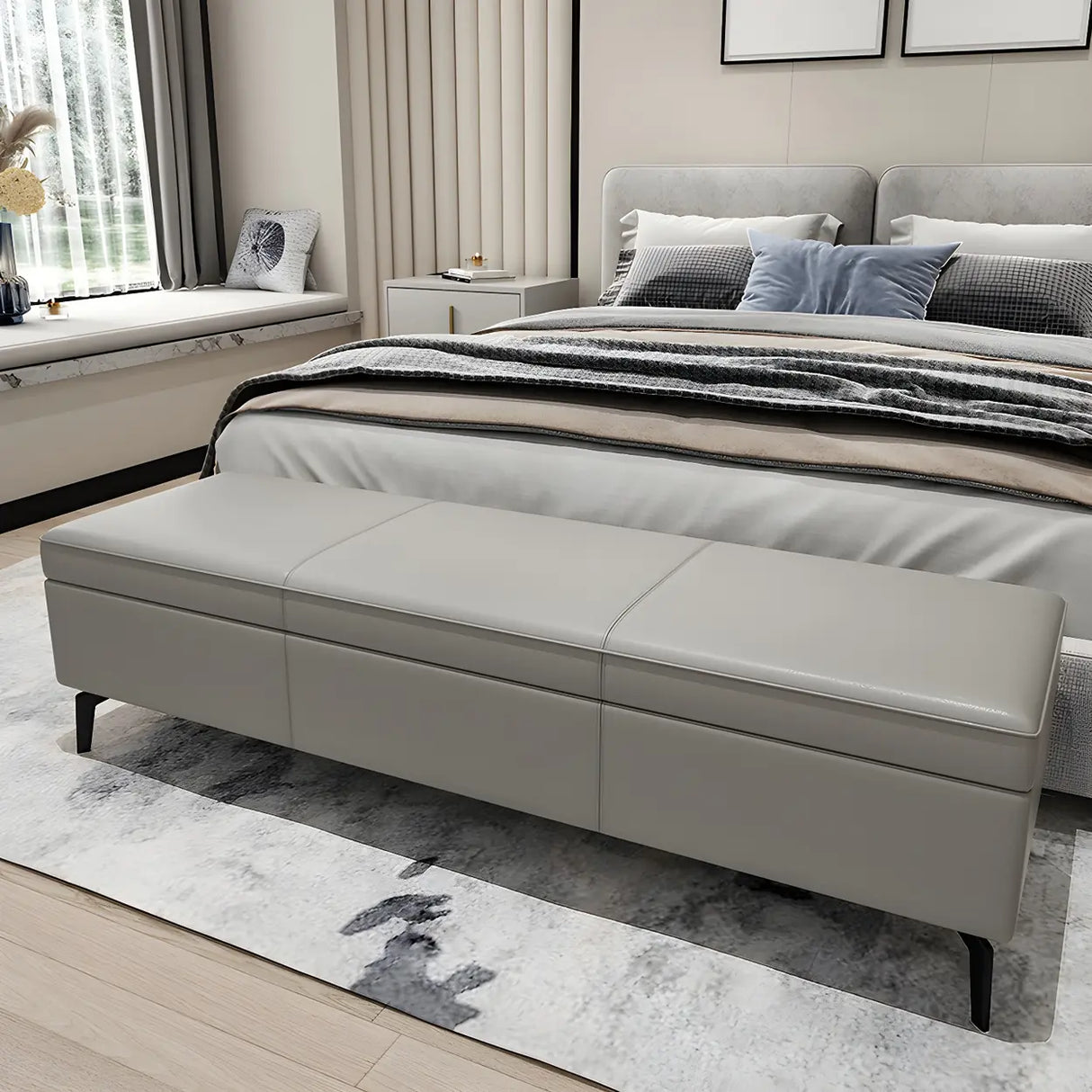 Light Gray Faux Leather Flip Top Storage Bedroom Bench Image - 2