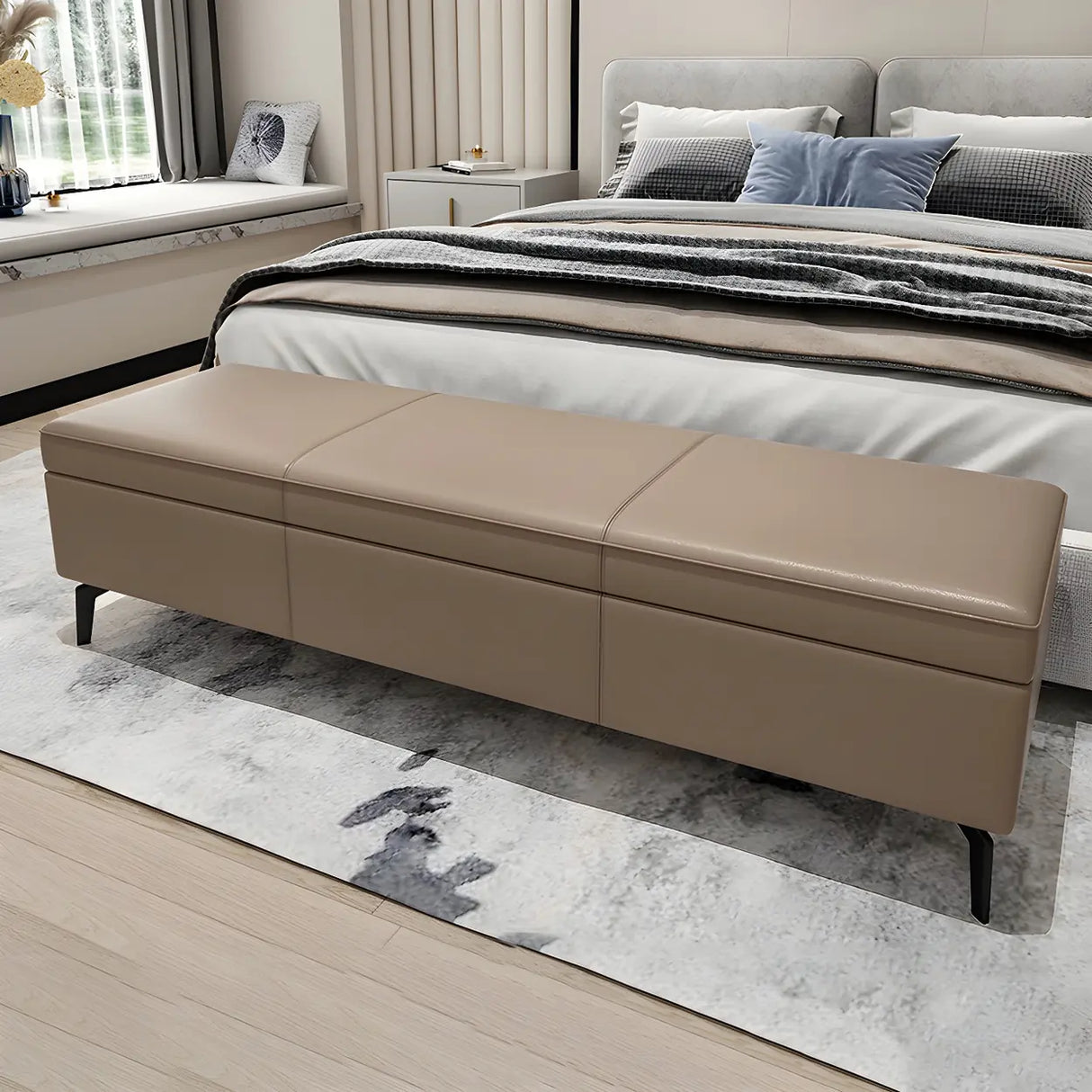 Light Gray Faux Leather Flip Top Storage Bedroom Bench Image - 5